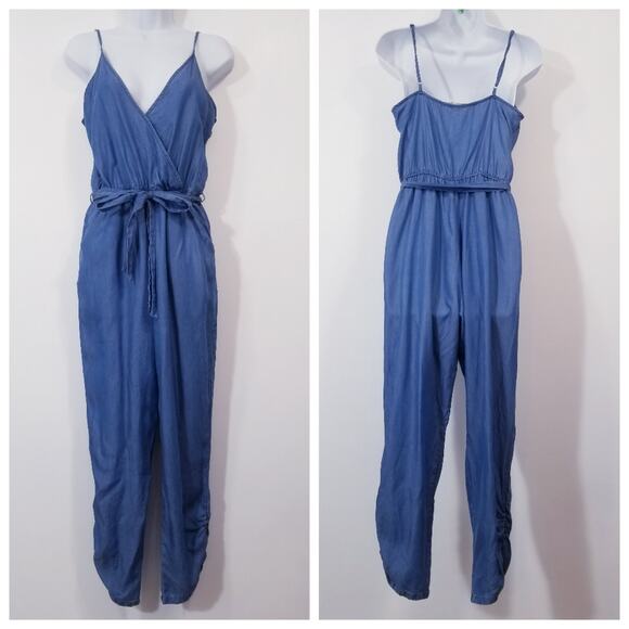 Lover's + Friends Denim Chambray Blue Belted Jumpsuit - Picture 1 of 14